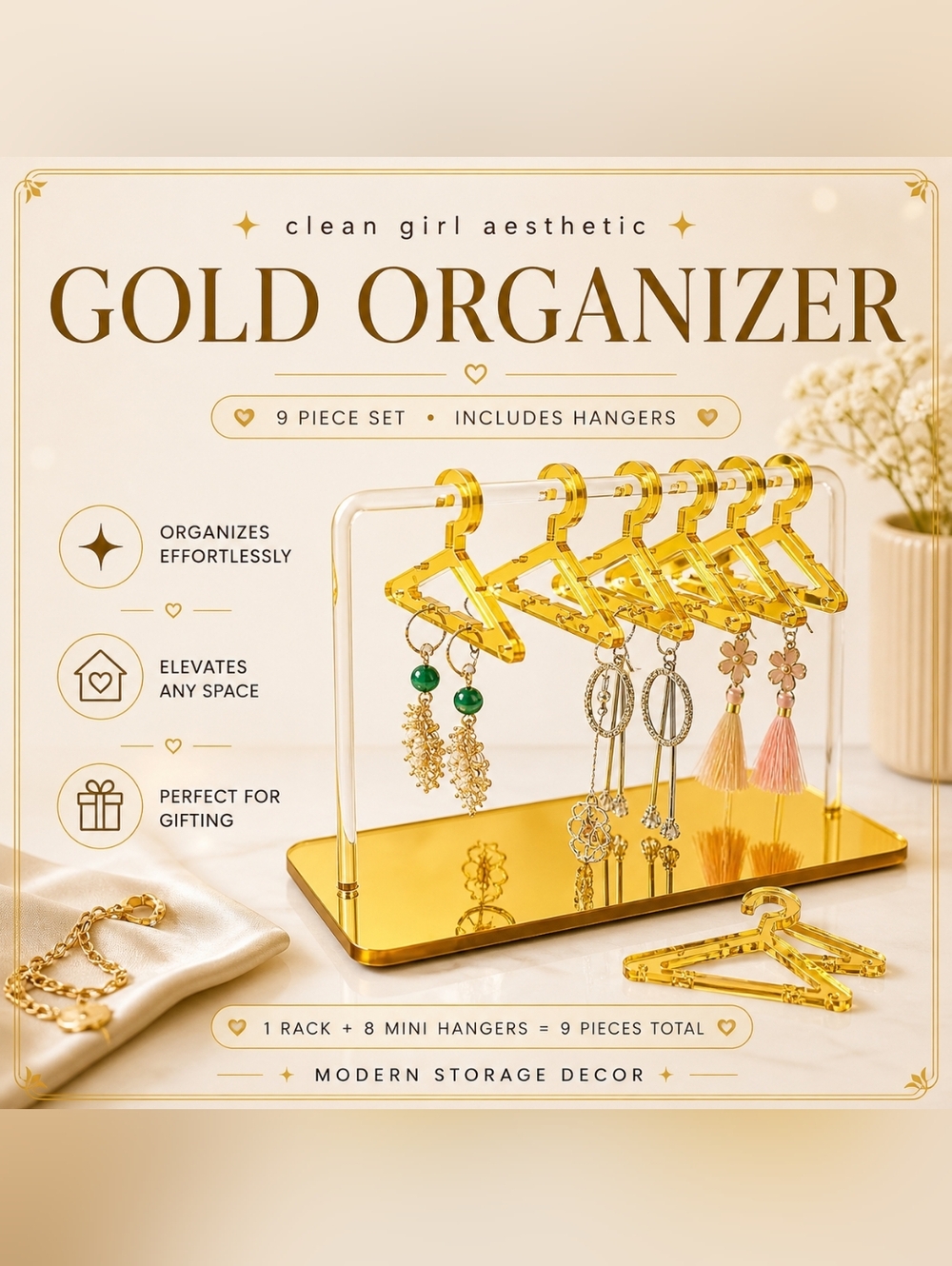 Gold Jewelry Organizer Stand w/ Mini Hangers (9pc Set) | Earring Display Rack